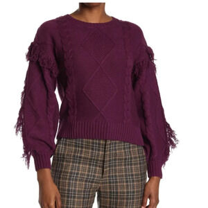 Kikit Cable Knit Fringe Sleeves Sweater Purple Small